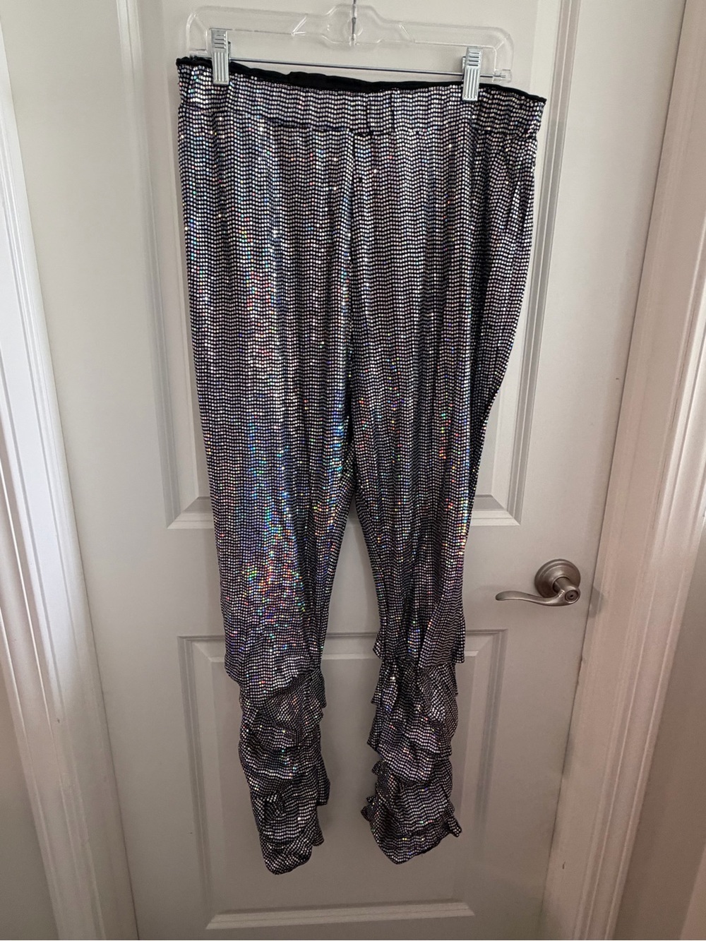Metallic Black Straight-Leg Ruffle Hem Pants